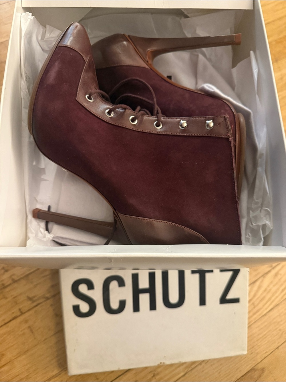 SCHUTZ Burgundy Suede and Brown Leather Lace-Up Stiletto Booties